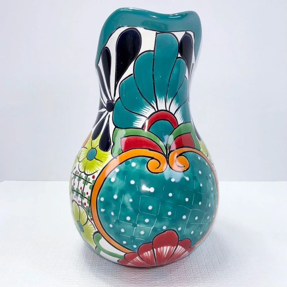 Pitcher Vause Ceramic Talavera Hand Painted Made in Mexico Floral Teal Large